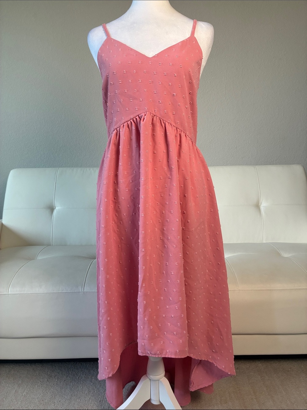 Pink Swiss-Dot High-Low Midi Dress with Spaghetti Straps